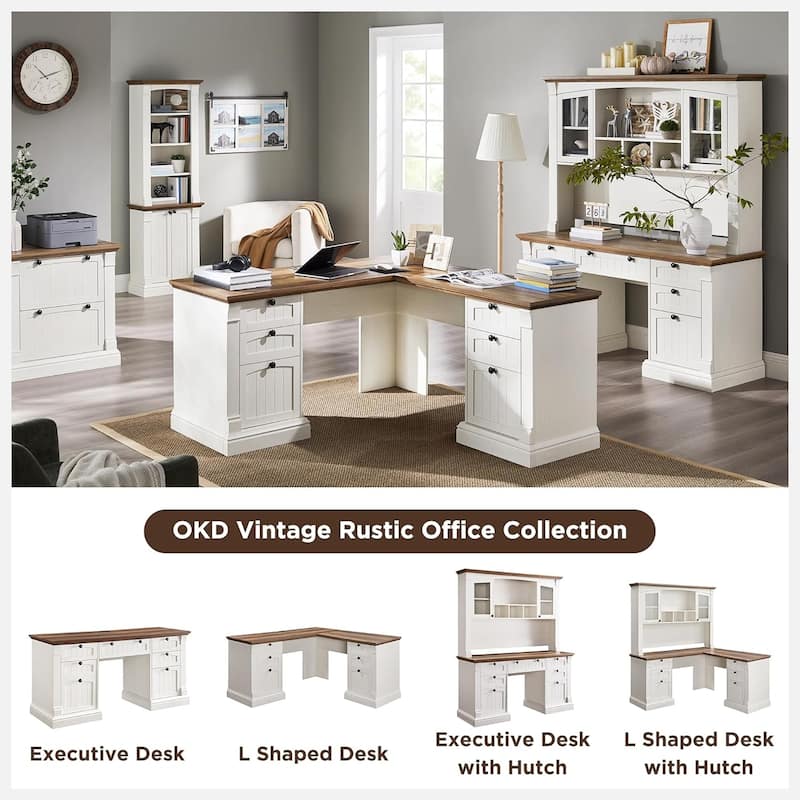 Farmhouse Computer Desk, Wood Home Office Desk with Charging Station