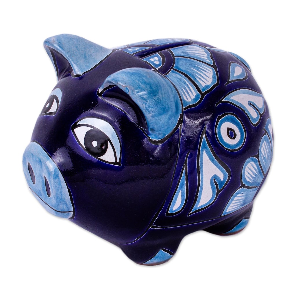 Novica Handmade Cobalt Piggy Ceramic Decorative Accent