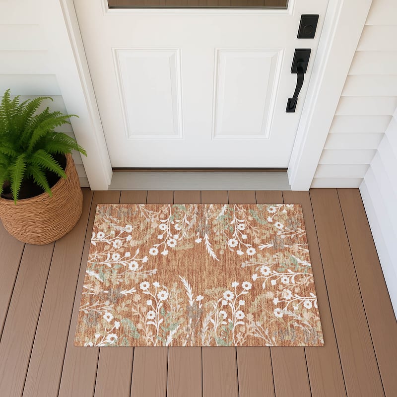 Machine Washable Indoor/ Outdoor Floral Border Chantille Rug - Paprika - 1'8" x 2'6"