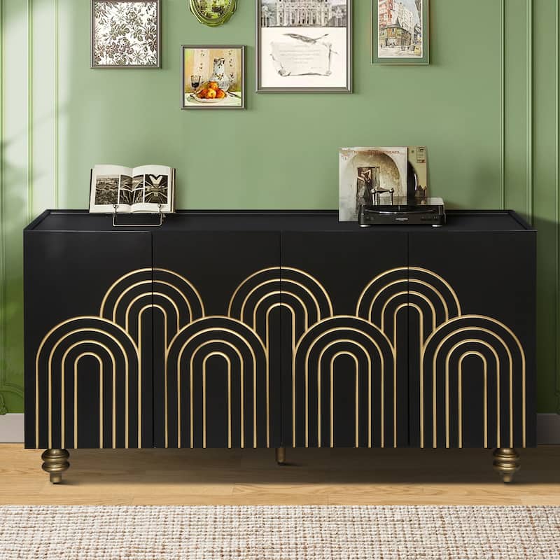 GDFStudio - White Modern Fluted 4-Door Sideboard Buffet with Adjustable Shelves for Kitchen, Dining & Living Room - Black