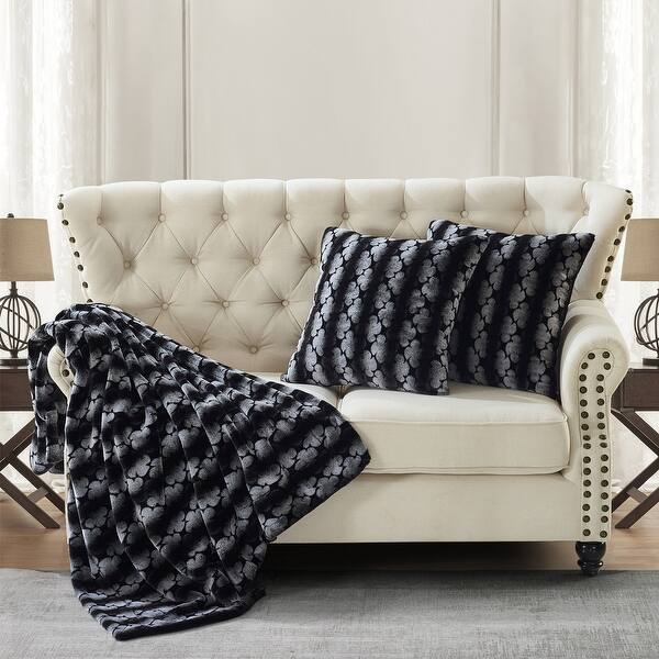 Ballys 3piece Floral Faux Fur Throw Blanket and Pillow Cover Set Bed