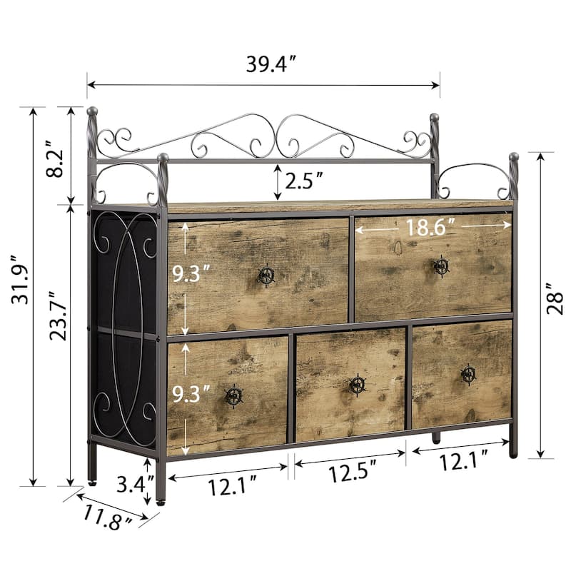 5-Drawer Fabric Dresser with Removable Foldable Drawers Metal Frame with Curved Floral Design Brown Gray Dresser