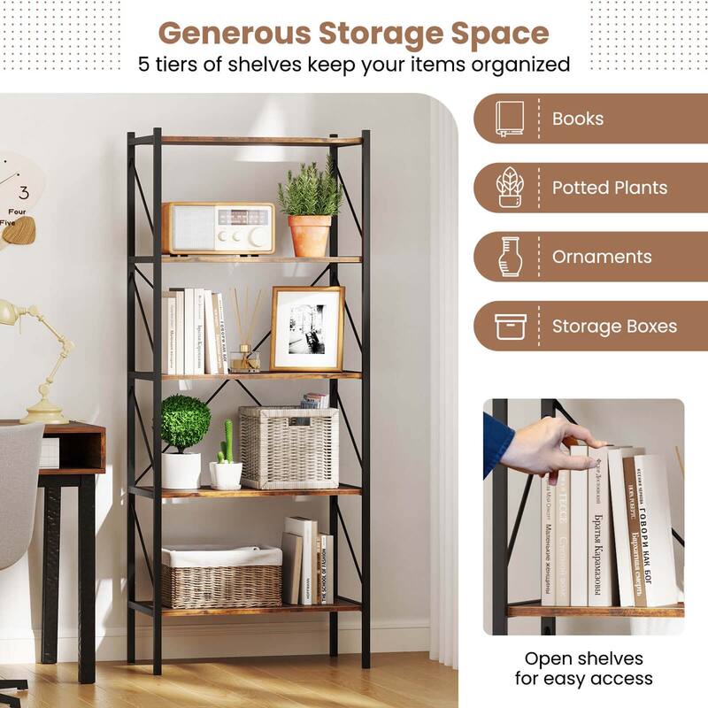 Costway 1/2 PCS 5-Tier Bookshelf, Industrial Tall Bookcase with Open