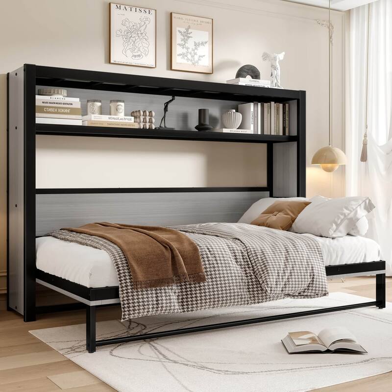 Twin Size Metal Foldable Murphy Bed Frame with Storage Shelves - Grey