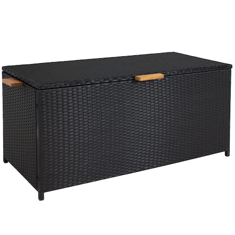 Sunnydaze Indoor/Outdoor Resin Wicker Storage Box with Acacia Wood Handles - Black
