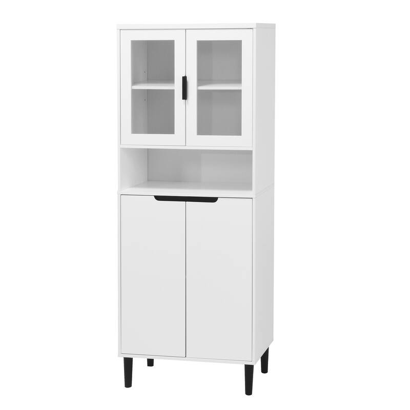 Tall Kitchen Pantry Cabinet with 2 Glass Display Doors & 2 Solid Doors