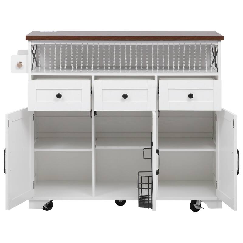 46.5'' Farmhouse Kitchen Island with Drape of Beads, Power Outlet, Drop Leaf, Rolling Wheels, 3 Doors and 3 Drawers