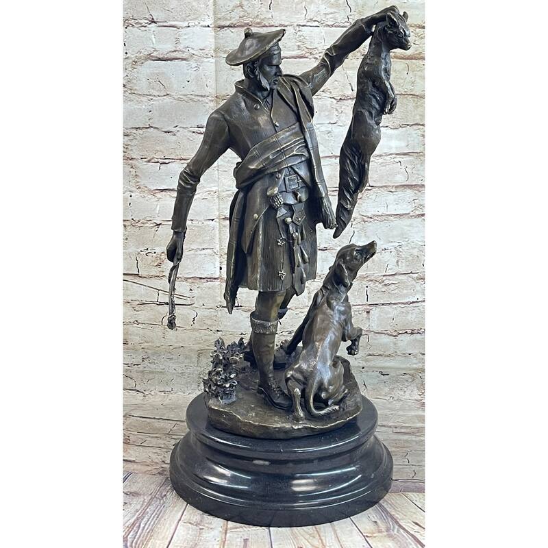 Scottish Hunter W/ Imitative Dog Bronze Statue Sculpture Figure Marble Base Signed Original 22 Inches X 11.5 Inches