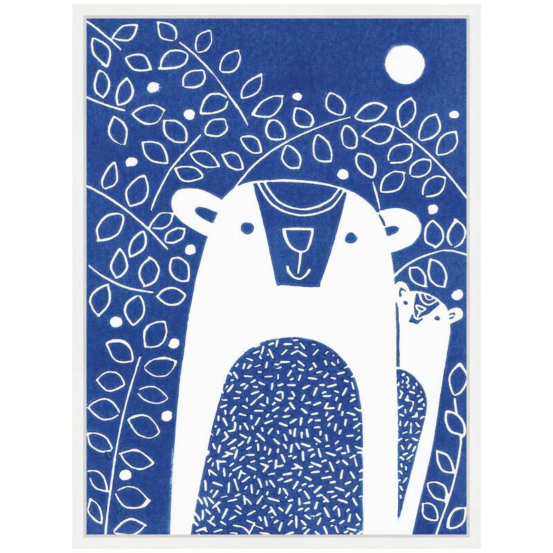 Kate and Laurel Sylvie Blue Night Bears Linocut Framed Canvas by Giuliana Lazzerini