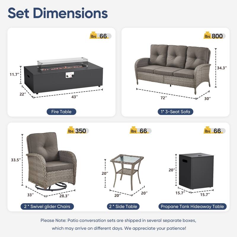 Pocassy Outdoor 5-Piece Sofa Swivel Chair with Fire Pit Table
