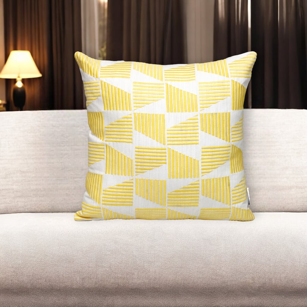 HomeRoots 18" Yellow and White Geometric Cotton Throw Pillow With Embroidery