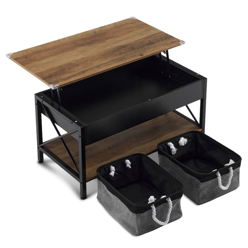 VINGLI Adjustable Side X-shaped Metal Frame Rectangular P2 Board Brown Panel Wood Grain Side Panel Coffee Table