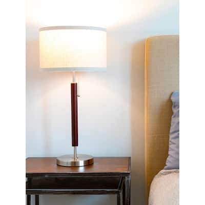 Brightech Carter 26 in. Walnut Brown Mid-Century Modern LED Standard Table Lamp with Beige Fabric Drum Shade