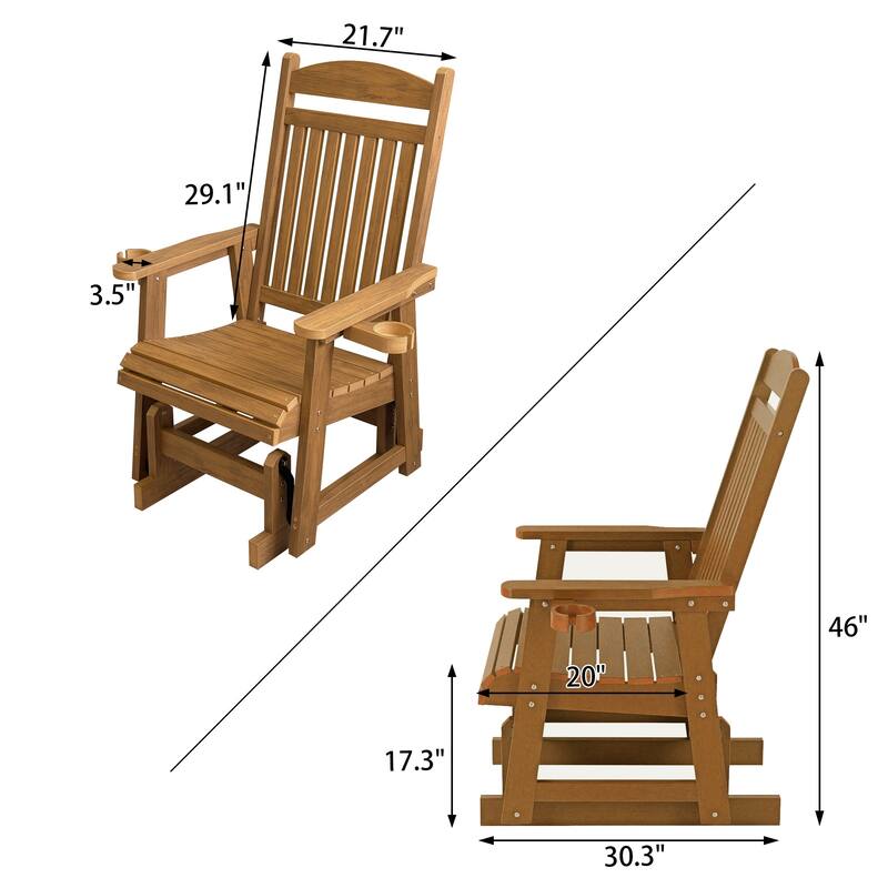 Fortune Candy Poly Lumber Patio Glider for One Person with Cup Holders, HIPS Material, All-Weather Resistant
