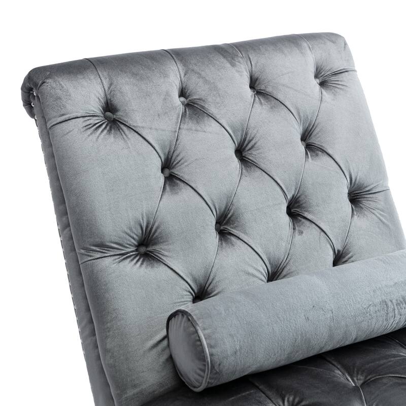 Silver Modern 63.98" Upholstered Buttons Tufted Chaise Lounge Chair with Pillow and Acrylic Legs