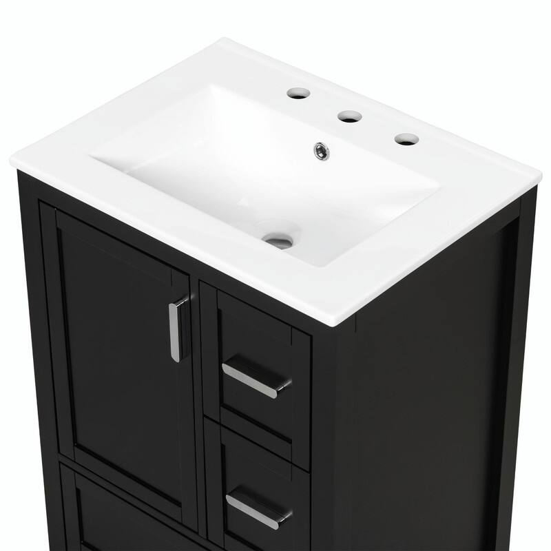 24" Modern Bathroom Vanity with Ceramic Sink, Soft-Close Door, Double-Layer Door Shelf & 3 Drawers