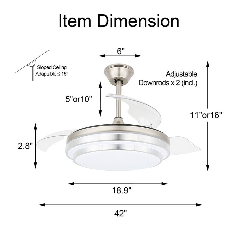 CurveCurio 42 in. Ceiling Fan with Concealable Fan Blades, 6 Fan Speed 3 Light Tone Remote Control Fan for Bedroom