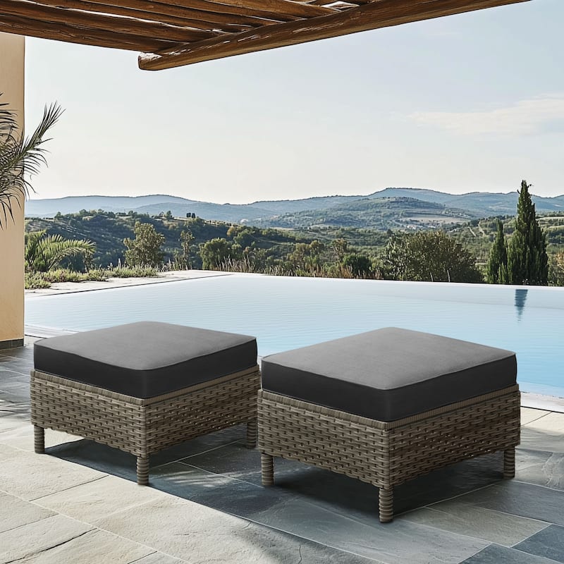 Outdoor Rattan Wicker cushioned Footstool Ottomans Set of 2
