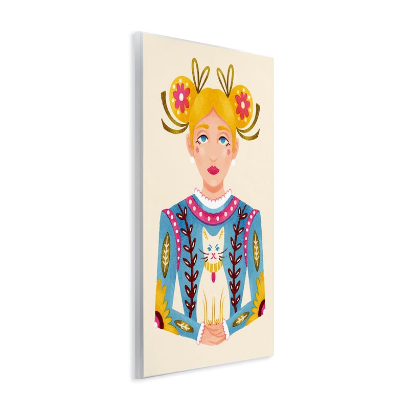 Stupell Blonde Folk Girl with Cat Wall Plaque Art Design By Hannah Moren
