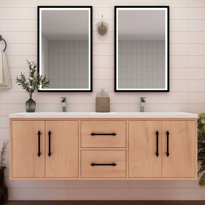 Victoria 60'' Wall-mounted Vanity with Double Reinforced Acrylic Sink - Oak Finish - Red Oak