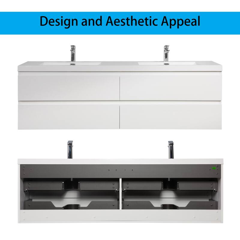 Wall 72" Floating Bathroom Vanity with Sink & and 4 Soft Close Drawers,White/Oak/Grey - 72 inch