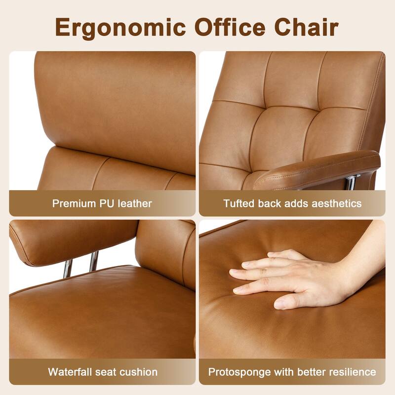Glitzhome Mid-Century Modern Brown Leatherette Gaslift Adjustable Swivel High Back Office Chair with Armrest