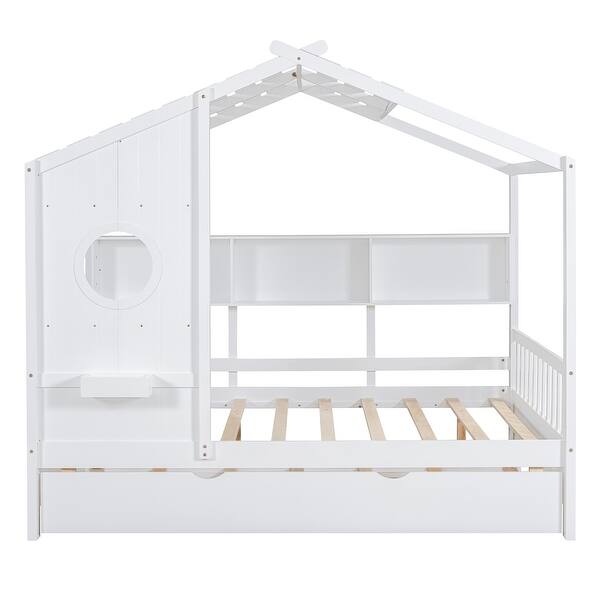 slide 2 of 58, Wood House Bed with Trundle, Shelves, Wood Slat Support White - Full
