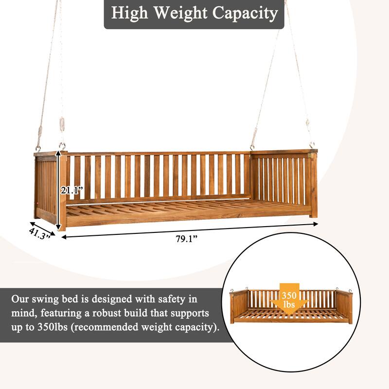 Acacia Wood Twin Size Patio Swing Bed, Outdoor Porch Hanging Bed with Safe Sloped Design and Hemp Ropes for Garden or Backyard
