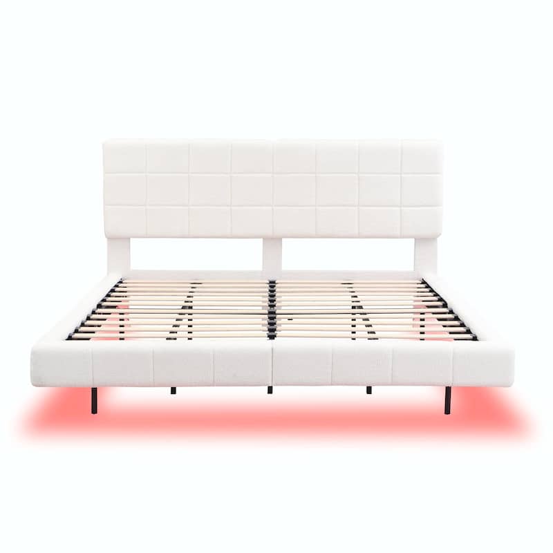 White Bouclé Floating Bed with Ambient Light