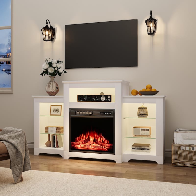 32" H Fireplace TV Stand, 55/70 Inch Media Console for TVs up to 80", Remote, Storage & LED Lights