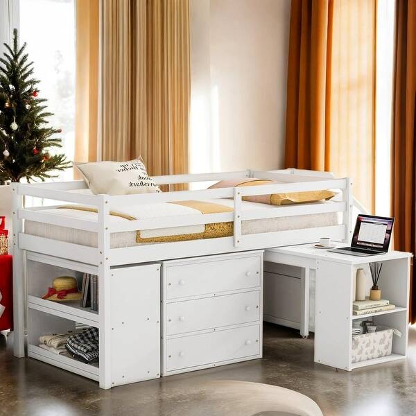 slide 2 of 48, Twin Size Wooden Loft Bed with Storage Stairs and Shelves,Space-saving Multi-Functional Loft Bed White