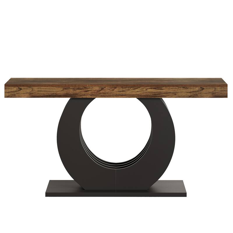 Industrial Sofa Console Table with Round Metal Base for Entryway