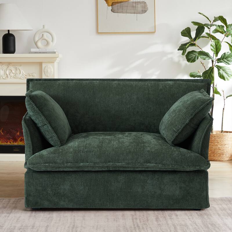Chenille Armchair, Accent Chair with Dual-Port Charging and Throw Pillows, Modern Deep Wide Seat Design Cloud-Like Single Sofa