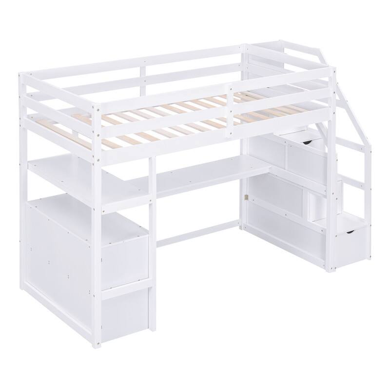 Twin/Full Size Stairway Loft Bed with Built-in Desk with Two Drawers, Solid Wood Bed Frame with Storage Shelves for Kids Teens