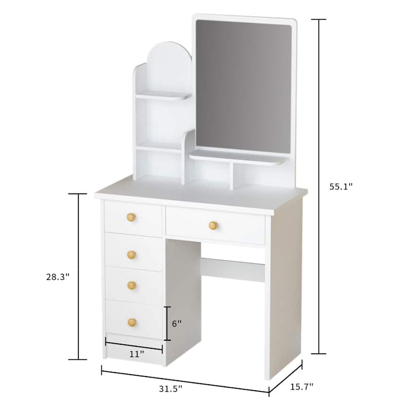 Kerrogee Wooden Makeup Vanity Table with Mirror - Open Shelves & 5 Drawers - White - 31.5"L x 15.7"W x 55.1"H