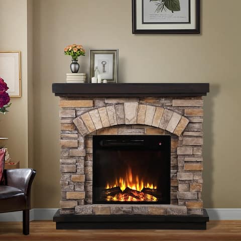 36" Faux Stone Freestanding Electric Fireplace w/ Remote Control
