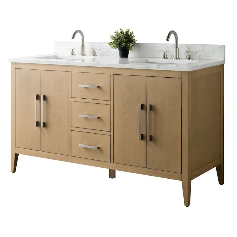 Vanity Art 60" Double Sink Bathroom Vanity Cabinet with Engineered Marble Top