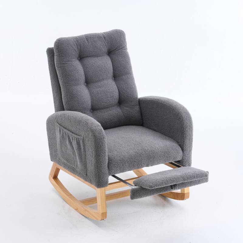 Plush Rocking Chair with Adjustable Footrest and Storage Pocket