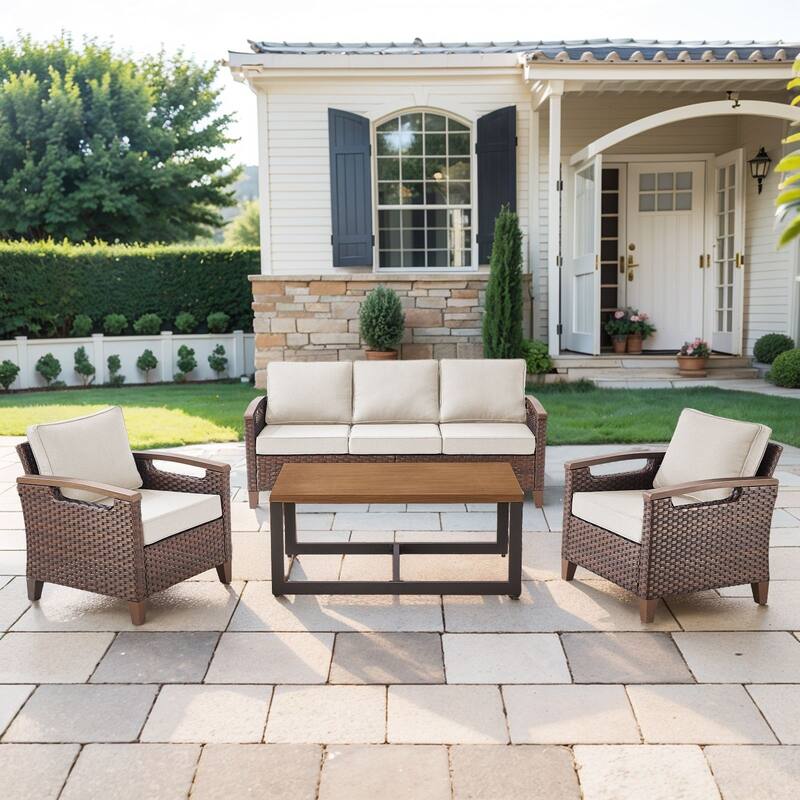 Pocassy Outdoor Brown Wicker Funitre with Cushion Set - Beige Cushion - 3-Seat Sofa with Club Chair Table Set