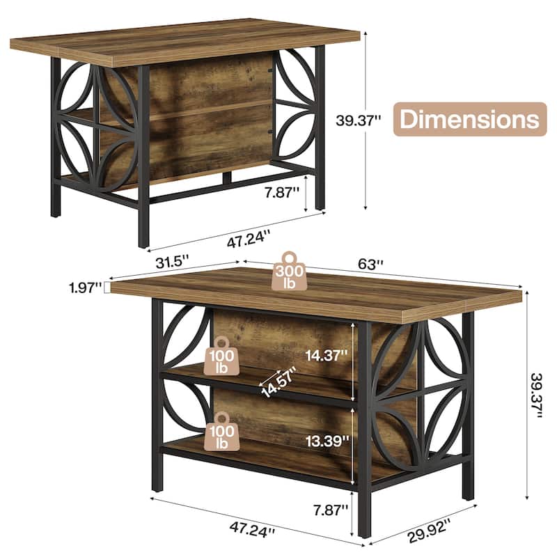 63'' Kitchen Island with Storage, Industrial Bar Table with 2 Shelves