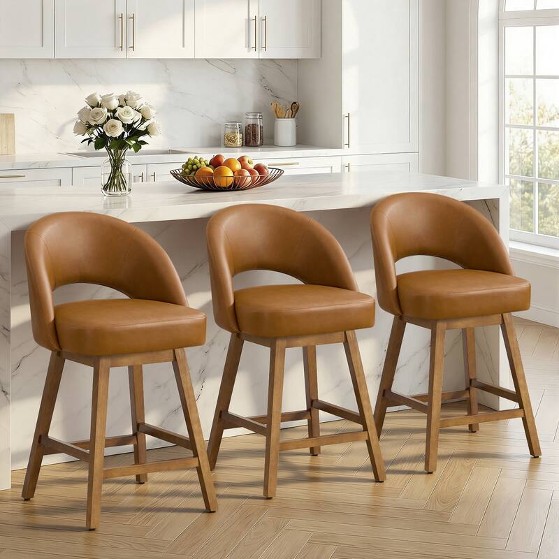 Upholstered Swivel Counter Height Bar Stools with Cutout Back and Solid Wood Frame - 38.2"H x 22.1"W x 23.6"D