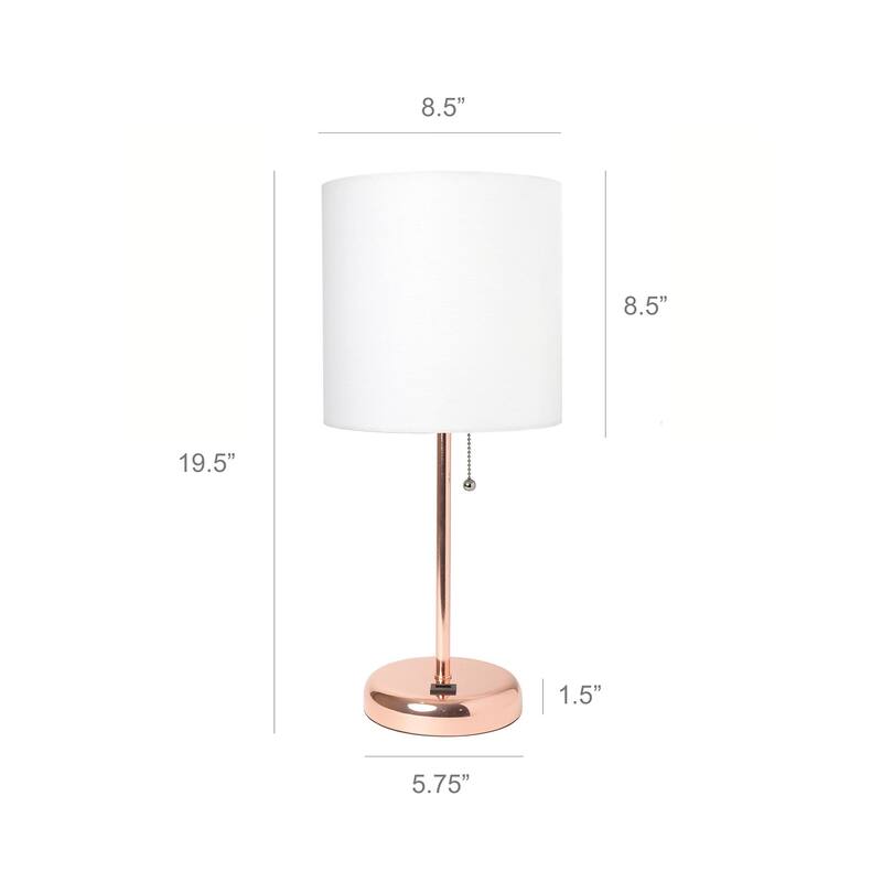 19.5 in. Rose Gold Finish Table Lamp with White Shade, Durable Stick Lamp for End/Side Tables
