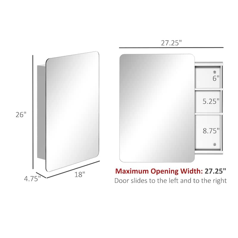 kleankin 18'' x 26''/46cm x 66cm Wall Mount Bathroom Medicine Cabinet Mirror Sliding Door with 3-Tier Storage Shelf