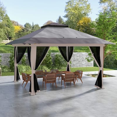 Outsunny 13' x 13' Pop Up Gazebo with Netting, Foldable Patio Canopy Tent with 2-Tier Roof, Adjustable Height Shelter