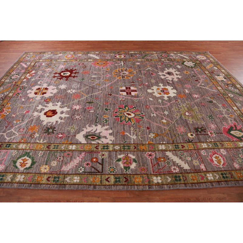 Hand Knotted Oriental 100% Wool Carpet Transitional All-Over Brown Oushak Area Rug - 12' 4'' X 9' 0''