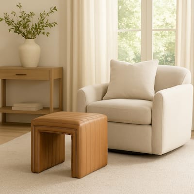 Ada Footstool Ottoman, Channel Tuft Caramel Brown Faux Leather 19 Inch