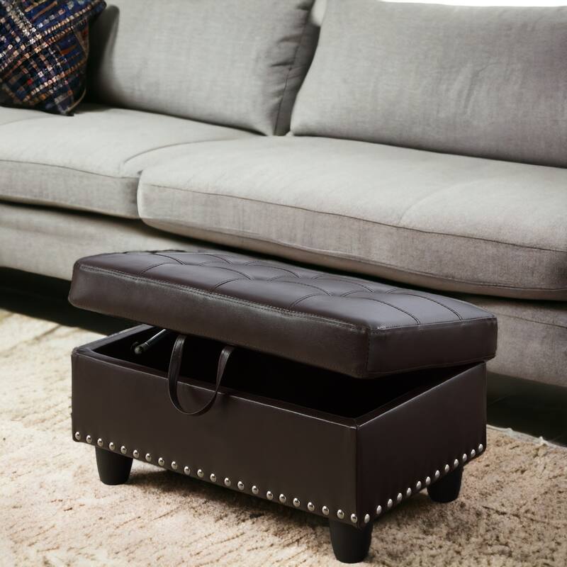 KISRAIS 28.5" Wide Vegan Leather Nailhead Trim Storage Ottoman