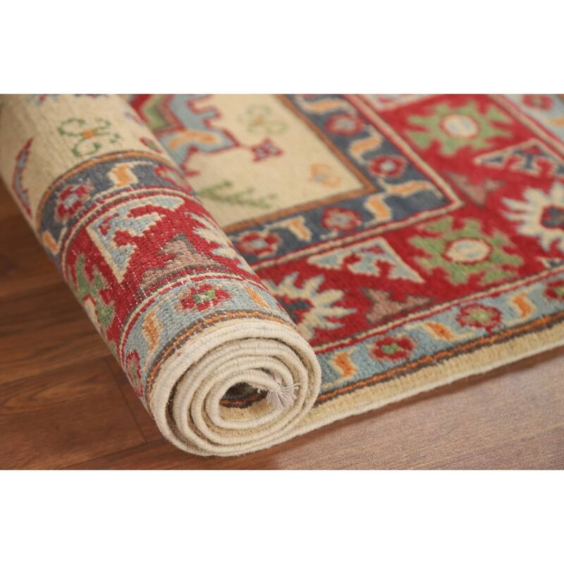 Geometric Yellow Kazak Accent Rug Handmade Traditional Wool Carpet - 2'8" x 4'0"