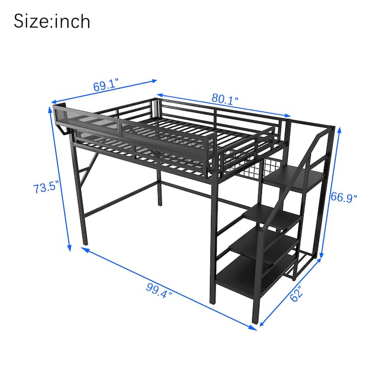 Black High Loft Bed with Wardrobe and Grid Storage for Kids Teens Adults Metal Loft Bed Frame with Light and Stairs