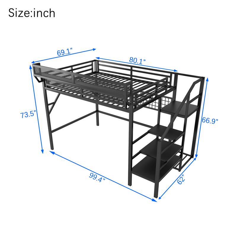 Queen/Full Loft Bed with Stairs, Storage & Wardrobe, Metal High Loft Bed with Lighting